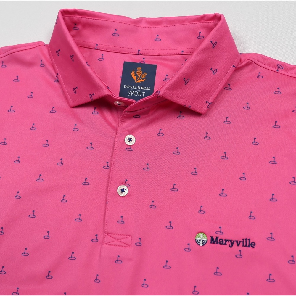 Donald Ross Sport Mens L Pink Golf Flag AOP Polo Shirt Maryville C.C Logo